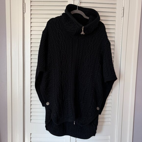 Aran Crafts women's cardigan XL black Irish knit full zip oversized highneck - Picture 1 of 11